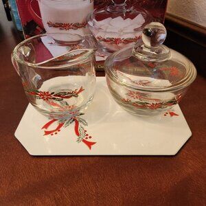 3 Pc Anchor Hocking Holiday Sugar & Creamer Set Poinsettia and Ribbon Design